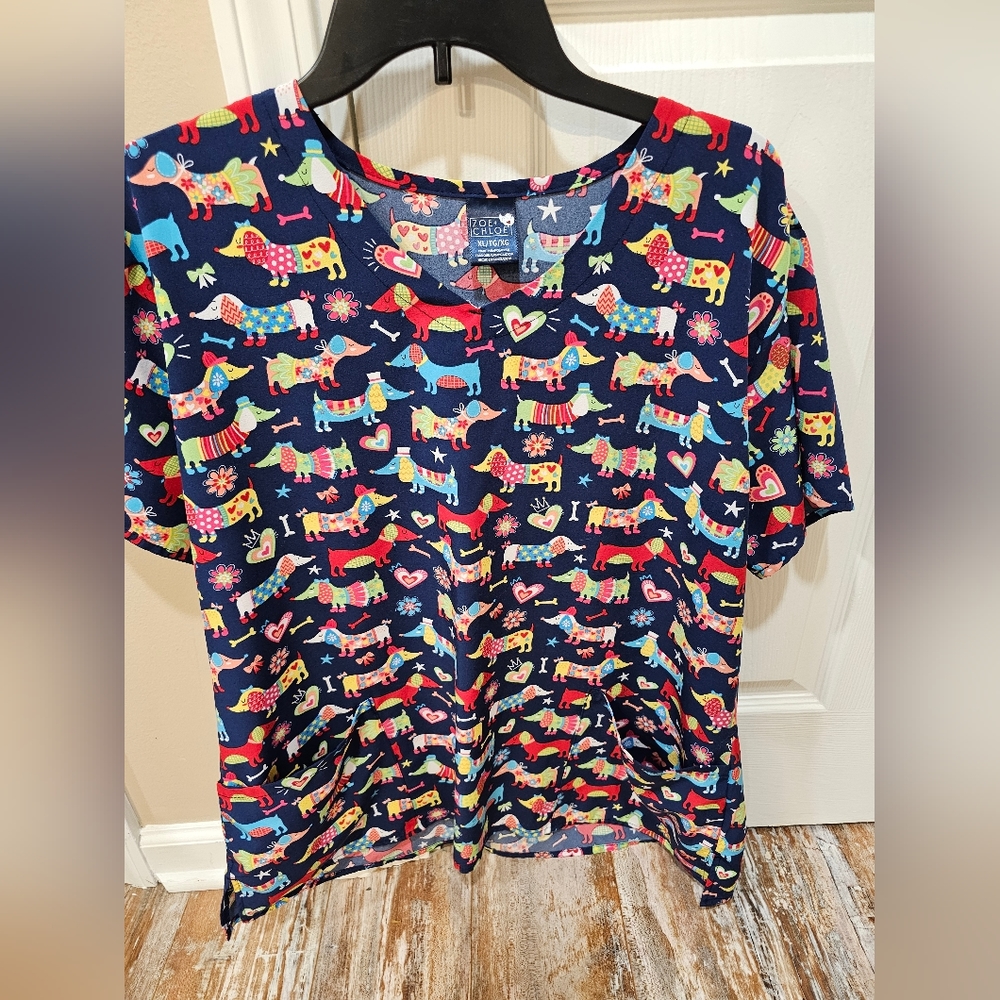 Women's Colorful Scrub Top, Dogs! XL